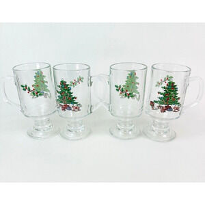 Tienshan Holiday Hostess Christmas Tree Set of 4 Footed Tall Mug Clear Glass VTG